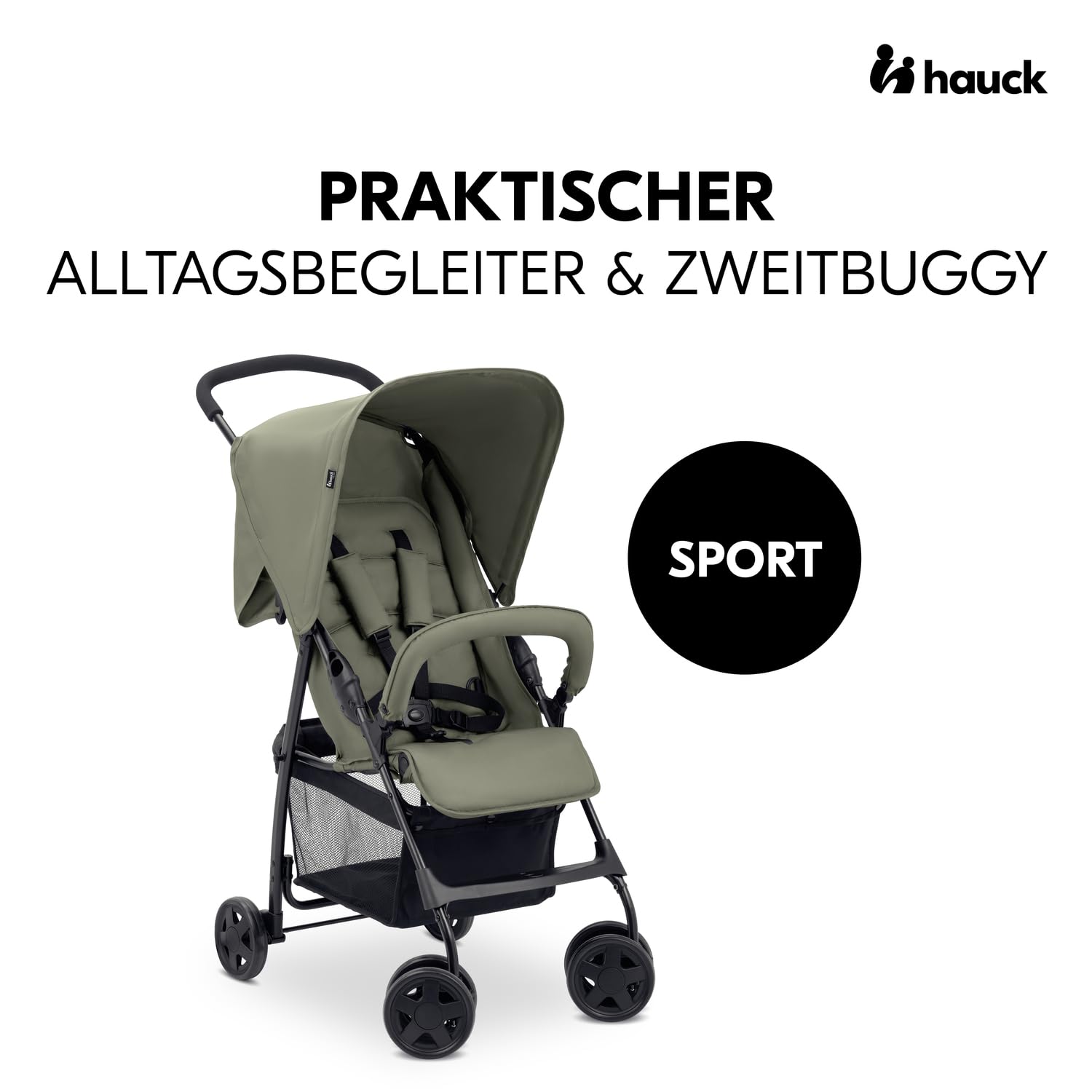 Hauck Buggy Sport – Olive Baby-Kinderwagen 5,9 kg, Liegefunktion, Zusammenklappbar, Einkaufskorb bis 3 kg, 0–15 kg