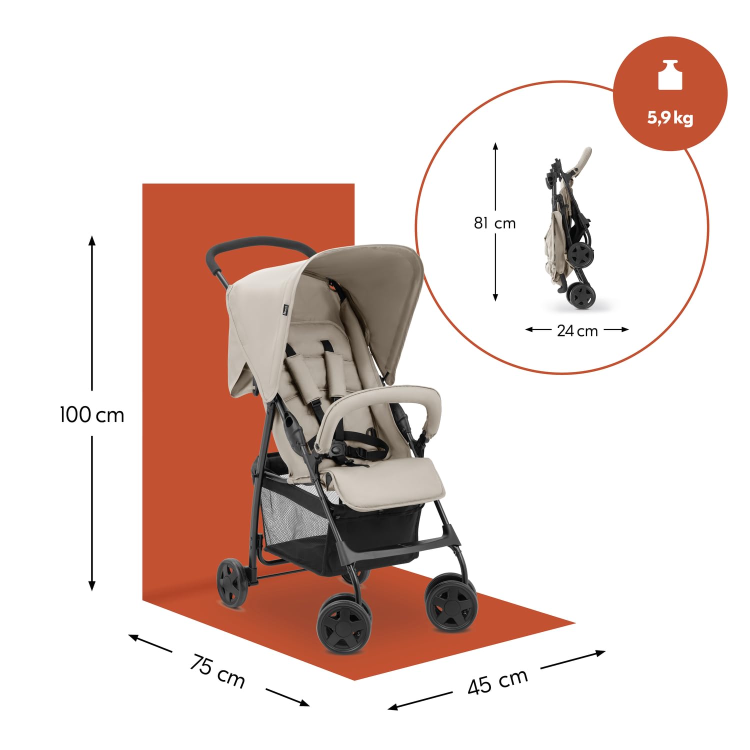 Hauck Buggy Sport – Leichter Reisebuggy Beige, Liegefunktion, Zusammenklappbar, Großer Einkaufskorb bis 3 kg