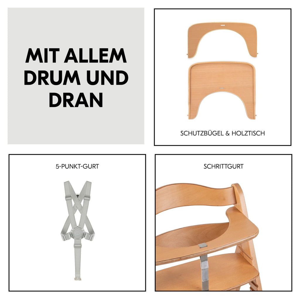 Hauck Beta+ Kinderhochstuhl – Natural, Mitwachsend 6 Monate bis 90 kg, Räder, Sitzkissen, Großes Essbrett, Kleiner Schutzbügel, 5-Punkt-Gurt