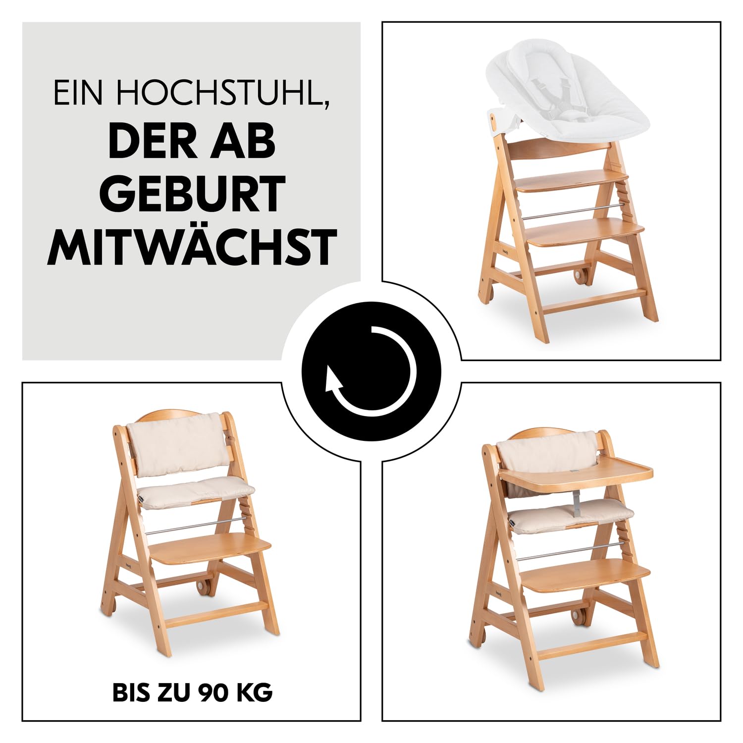 Hauck Beta+ Kinderhochstuhl – Natural, Mitwachsend 6 Monate bis 90 kg, Räder, Sitzkissen, Großes Essbrett, Kleiner Schutzbügel, 5-Punkt-Gurt