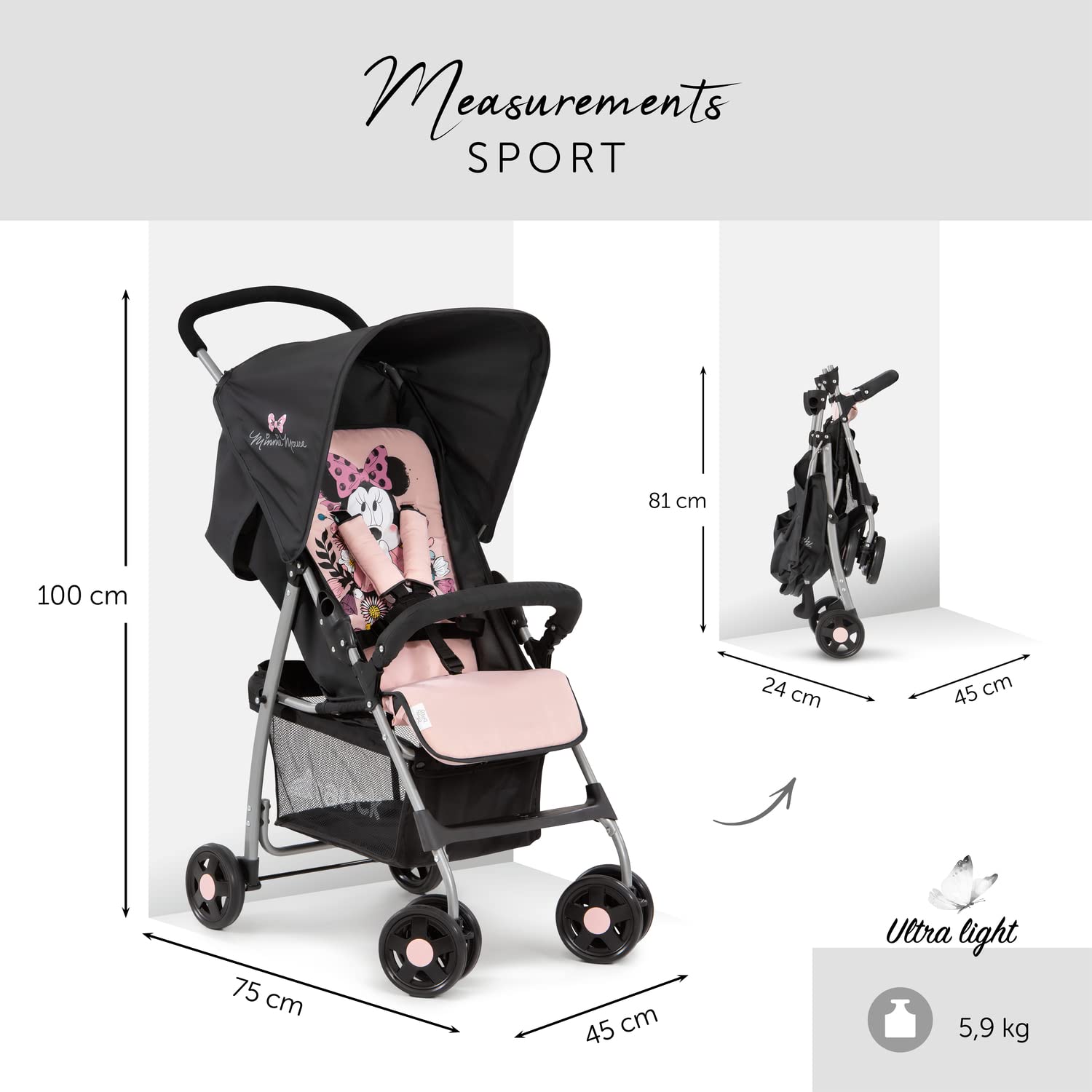 Hauck Buggy Sport Disney Minnie Sweetheart – Rosa Baby-Kinderwagen 5,9 kg, Liegefunktion, Zusammenklappbar, Einkaufskorb bis 3 kg, 0–15 kg
