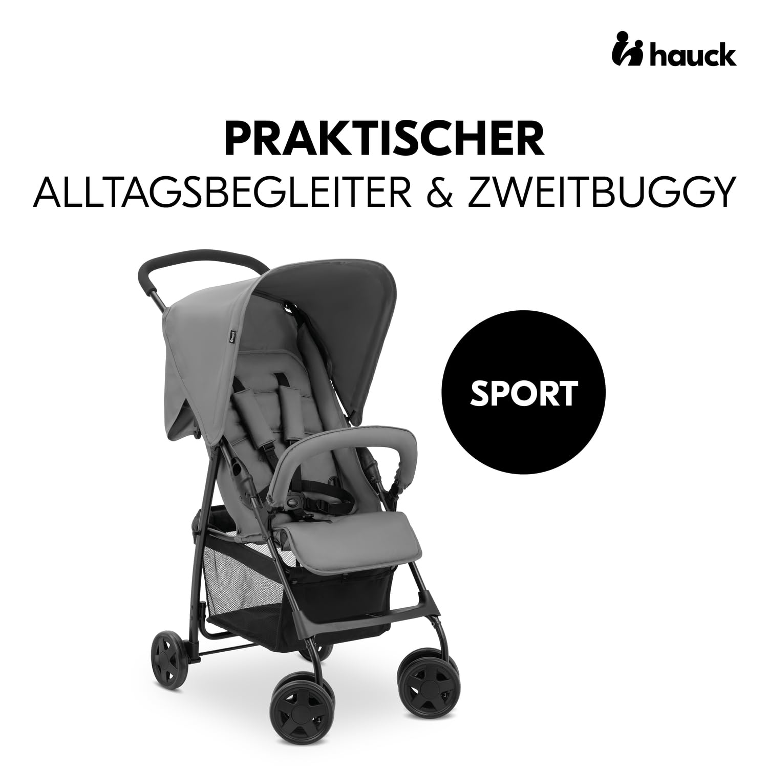 Hauck Buggy Sport – Grau Baby-Kinderwagen 5,9 kg, Liegefunktion, Zusammenklappbar, Einkaufskorb bis 3 kg, 0–15 kg