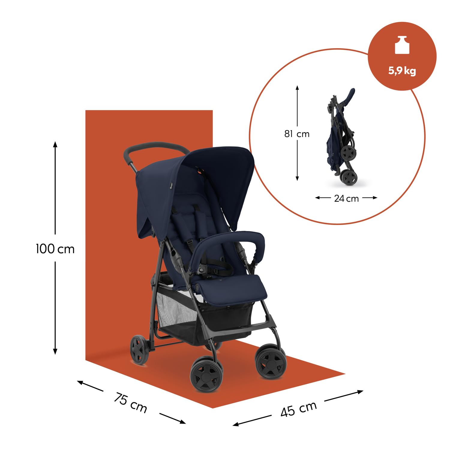 Hauck Buggy Sport – Dunkelblau Baby-Kinderwagen 5,9 kg, Liegefunktion, Zusammenklappbar, Einkaufskorb bis 3 kg, 0–15 kg